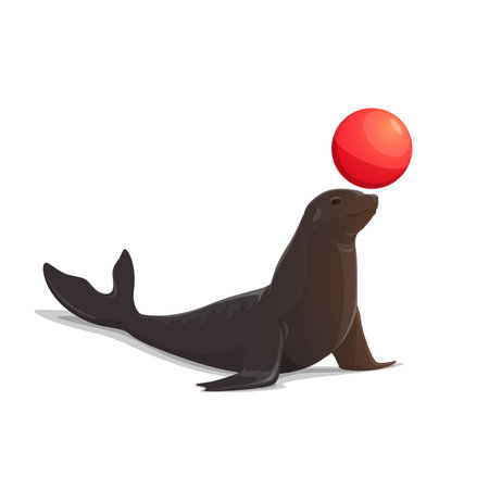 Circus seal balancing ball and juggling red balloon. Vector isolated big top circus animal performance showのイラスト素材