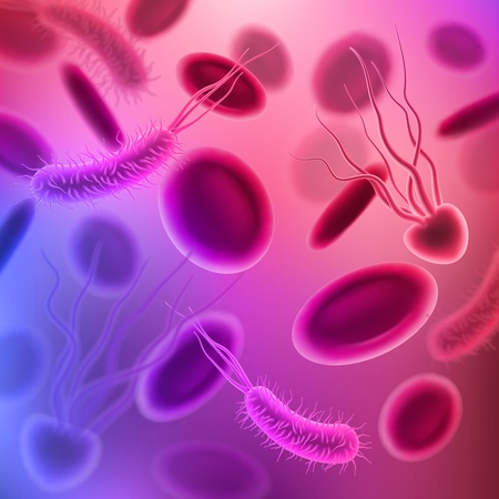 Viruses, bacterias and germs seamless pattern background. 3d harmful microorganisms and infectious disease pathogens with red blood cells. Medicine and microbiology backdrop vector designのイラスト素材