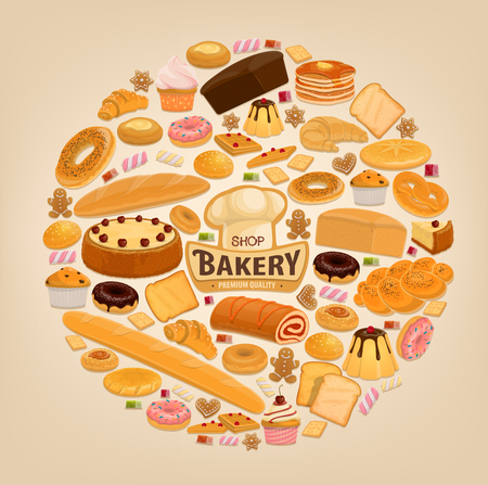 Bakery desserts, pastry and bread. Vector bakery shop sweet donut, chocolate pie or tiramisu torte and cupcake, wheat bagel or pretzel and rye bun with baguette, croissant and baker hatのイラスト素材