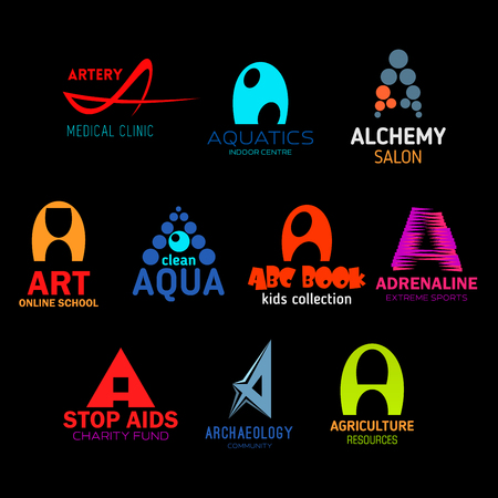 Letter A abstract icons for business. Artery and aquatic, alchemy and art, aqua and abc book, adrenaline and aids, archaeology and agriculture. Organization and enterprises symbols vector isolatedのイラスト素材