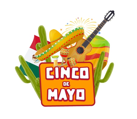 Cinco de Mayo Mexican party celebration fireworks and cactuses. Vector Mexico 5 May holiday or Cinco de Mayo fiesta tequila, sombrero hat and guitar with maracas and poncho in Mexican flagのイラスト素材