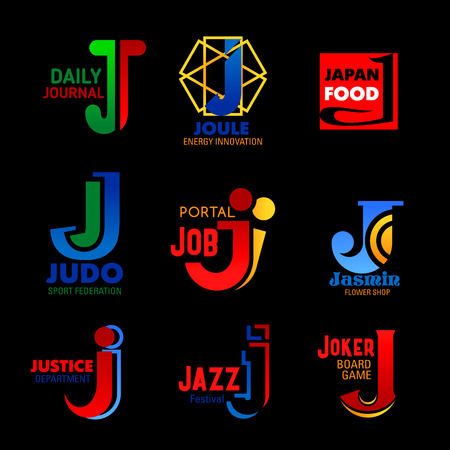 J icons of Japanese food restaurant, recruitment job portal or flowers shop. Vector J letter symbols...