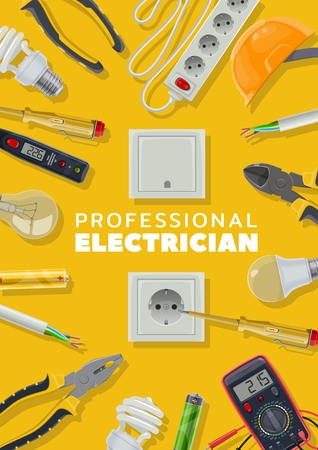 Electrical tools, electricity repair service, electrician. Vector light bulbs and pliers, socket and headgear, cable and screwdriver. Voltmeter and battery, tester and switch, house wiring fixingのイラスト素材