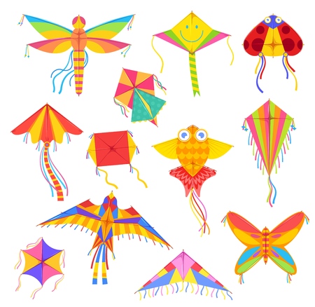 Kites in shape of bird, fish or insects, entertainment and active pastime. Vector toy of paper or fabric, butterfly and dragonfly, ladybug. Flying objects, childish game, summer festival, isolatedのイラスト素材