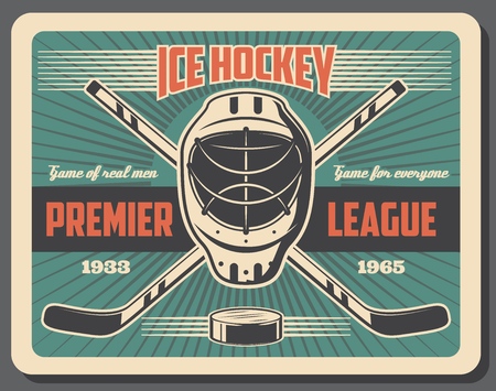 Ice hockey sport, tournament or championship on rink. Vector retro goalkeepers mask and sticks with puck, protection and sporting items. Helmet or headgear and rink, premier league match, game hobbyのイラスト素材