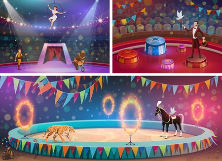 Circus arena, chapiteau show and handler with gymnast, magician and animals. Vector woman in hoop and man with whip, bear on bicycle and flame circles. Tiger and horse, juggling monkey and doveのイラスト素材