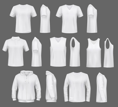 Male fashion, t-shirt templates with hoodie and sweatshirt, polo and singlet or sleeveless shirt. Vector basic clothes white mockups, casual garments. Men outfit henleys and tank top items, underwearのイラスト素材