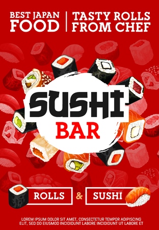 Sushi bar or restaurant, rolls in seaweed. Vector seafood with rice in raw condition, salmon and tuna, perch and cucumber, eel and avocado and tofu cheese. Japanese cuisine food from chef cafeのイラスト素材