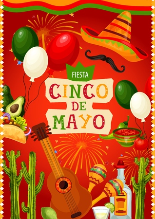 Cinco de Mayo Mexican holiday mariachi sombrero, guitar, fiesta party food and drink vector design. Cactus tequila, margarita and maracas, chilli pepper, lime and mustache, tacos, avocado and balloonsのイラスト素材