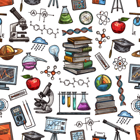 Science laboratory and education knowledge sketch seamless pattern. Vector background of DNA in laboratory microscope, chemistry test vials or university study books and moleculesのイラスト素材