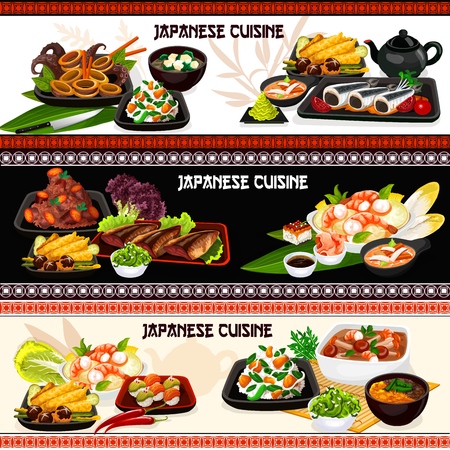 Japanese Cuisine Fish Seafood And Vegetable Dishes Banners
