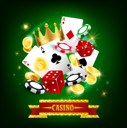 Casino gambling game 3d vector poster. Roulette, poker playing cards and dice, blackjack chips and golden coins, decorated by casino marquee with light bulbs. Entertainment and gaming industry themesのイラスト素材