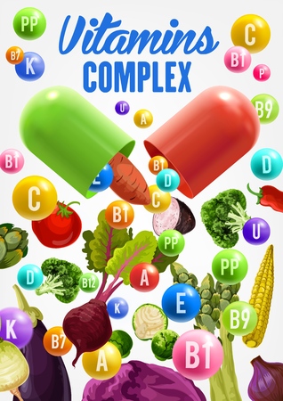 Vitamins and health benefits of vegetables vector design. Broccoli, pepper and potato, cabbage, tomato and eggplant, asparagus, radish and beet veggies. Vegetarian nutrition, healthy diet food themesのイラスト素材