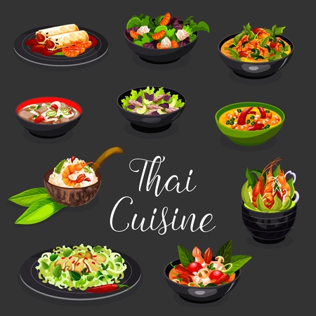 Thai cuisine spicy dishes with seafood and vegetables vector design. Shrimp, rice noodle and beef, coconut and chili soups, squid, beef and chicken orange salads, spring rolls and prawn risottoのイラスト素材