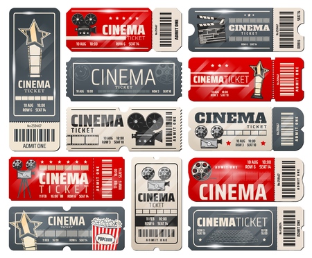 Cinema tickets vintage movie theater or cinematograph premiere night.のイラスト素材