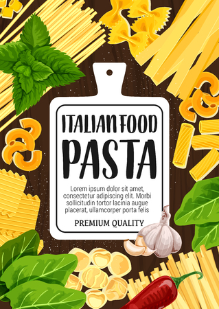 Pasta fusilli, fettuccine or linguine and penne cooking spices and herb ingredients.のイラスト素材