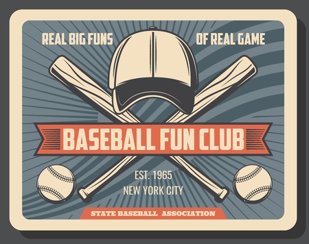 Baseball fan club, college or university sport team vintage poster. Vector baseball league or state association player equipment, bat and ball with cap and ribbonのイラスト素材