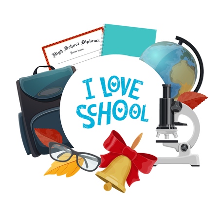 School supplies and student items vector icon of education design. Book, notebook and globe, backpack, microscope and glasses, graduation diploma and glasses with autumn leaves and bellのイラスト素材