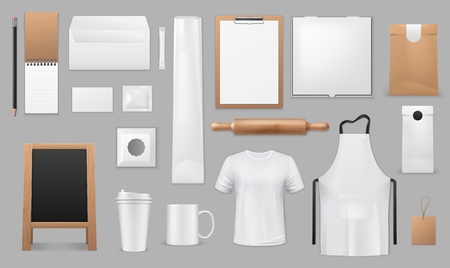 Kitchen baking tools, cooking equipment and chef apparel. Vector isolated mockups of cook apron, restaurant menu chalkboard, recipe notebook, dough rolling pin and takeaway paper bag or coffee cupのイラスト素材