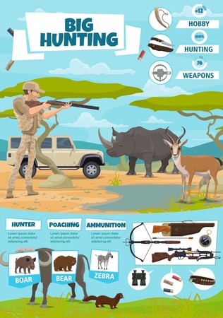 Big hunting and safari vector poster of hunter, animals, weapons and equipment. African rhino, zebra and antelope, bear, boar, ox and martin, gun, rifle and huntsman, shotgun, knife and compassのイラスト素材