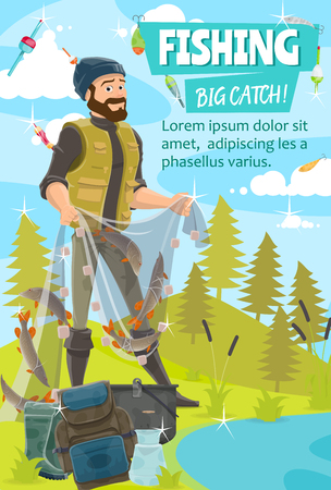 Fisherman catching fish with net vector design of fishing sport and outdoor hobbies. Fisher standing on bank of lake, river or pond with fishing net, pike and trout, hook, bait, tackle and backpackのイラスト素材