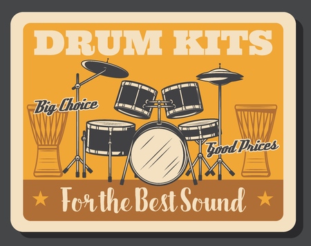Drum kit, rock music percussion instrument vector design. Professional set of snare and bass drums, floor,  crash and hit hat cymbals with ethnic African djembe. Musical shop posterのイラスト素材