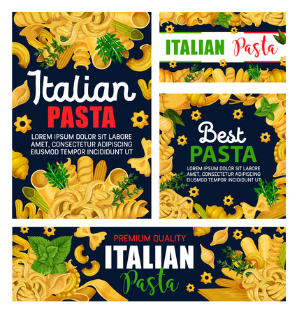 Pasta or Italian macaroni with green herbs vector design. Spaghetti, farfalle and penne, fusilli, fettuccine and conchiglie, cannelloni, noodle and lasagna menu frame with rosemary, basil, arugulaのイラスト素材