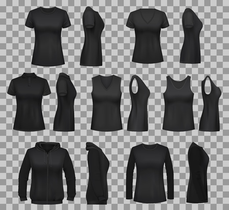 Black shirt vector templates with blank 3d mockups of women clothes. Front and side view of sleeveless polo and tank top, sweatshirt, long sleeve shirt and sport hoodie on transparent backgroundのイラスト素材