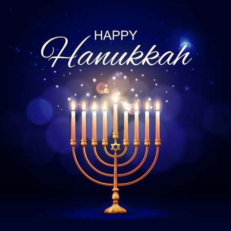 Hanukkah menorah 3d vector design of jewish lamp with flaming candles and Star of David. Judaism religion Festival of Lights golden candlestick or candelabrum. Happy Hanukkah holiday greeting cardのイラスト素材