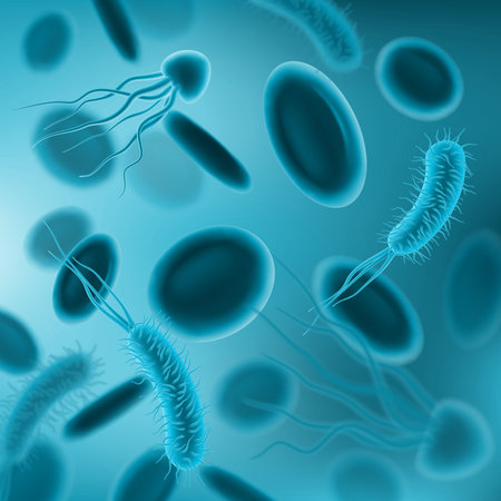 Bacterias, viruses and germs with blood cells 3d vector seamless pattern. Microbiology science and...