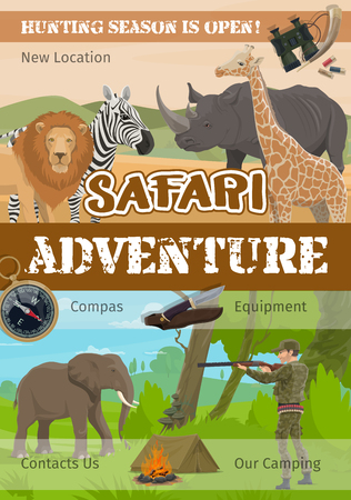 African hunt, safari adventure hunting club poster. African wild lion, rhinoceros or elephant and zebra with giraffe, hunter in camouflage with rifle gun and cartridge bandolier ammoのイラスト素材