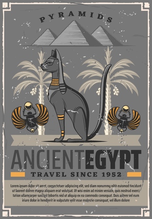 Egypt travel and ancient Egyptian landmarks tourist tours. Vector travel agency poster of Pharaoh cat deity, scarab beetle and dates palms in Egypt pyramidsのイラスト素材