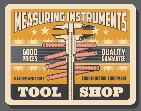 Construction, handy repair and industrial measure tools and equipment shop poster. Vector measuring tape calipers and engineering measuring trammel, premium star qualityのイラスト素材