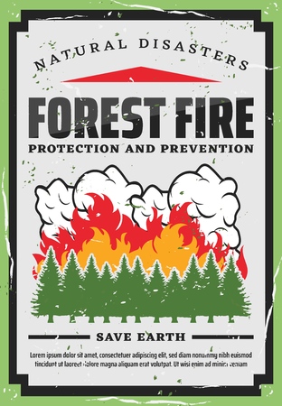 Forest fire fighting, nature protection and wildfire prevention retro poster. Vector natural disaster fire burning trees in woodlands, save earth and planet firefighting warningのイラスト素材