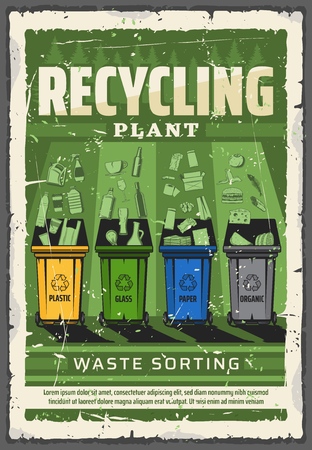Wastes sorting and garbage recycling plant poster. Vector waste bins for litter sorting with glass, paper or plastic and organic household garbage, green ecology and nature conservationのイラスト素材