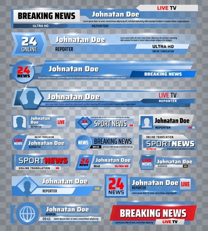 Sport and breaking news TV backdrops and header title bar boxes. Vector sport news television channel screen banners with names, world championship cup scores, time and live reporter broadcastのイラスト素材