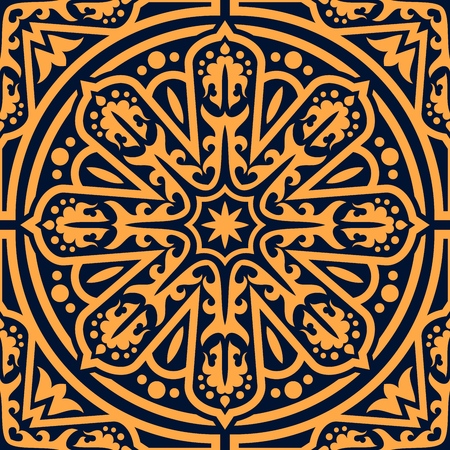 Arabic oriental ornament seamless pattern. Vector background of Arabian flourish ornament, abstract Eastern or Moroccan arabesque ornate flowery mosaic antique pattern in circleのイラスト素材