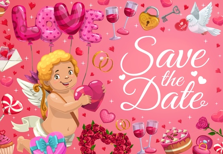 Save the date heart balloons and cupid angel with golden bow. Vector wedding and marriage love day party gifts, doves with love message, wedding ring and cake with pink rose flowersのイラスト素材