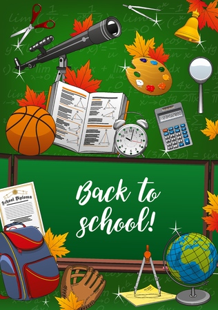Back to school lettering and means of education on invitation to start new studying year. Vector green backdrop with formulas and spyglass, scissors and geometry textbook. Blackboard and backpackのイラスト素材