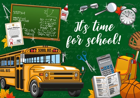 Time to school, stationery items, blackboard and yellow bus on green backdrop with formulas. Vector welcome to school invitation, backpack and basketball ball. Graduation diploma and glue, calculatorのイラスト素材