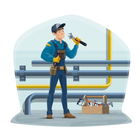 Plumber and water pipes, plumbing repair service worker with work tools. Vector plumber, water and gas supply pipes inspector with wrench and tools box, home sewage pipeline maintenanceのイラスト素材