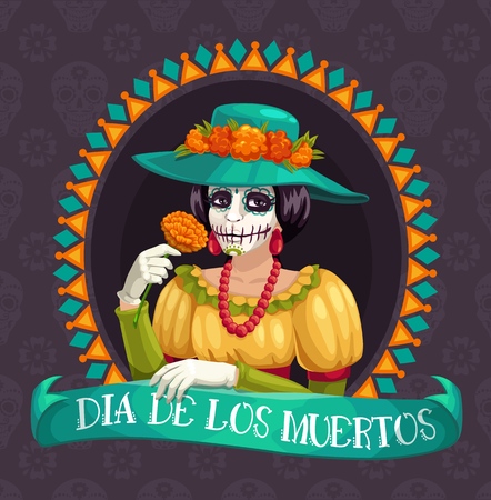 Dia de los muertos Mexican holiday, female portrait. Vector dead woman makeup and death celebration, flower and hat, beads and dress, gloves. Skull and pattern, calavera festive traditional symbolのイラスト素材