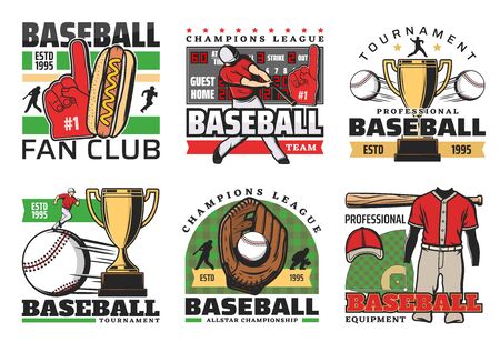Baseball sport tournament, professional team club badges and league tournament icons. Vector baseball or softball game player bat and ball, victory golden cup, scoreboard and thumb up fan gloveのイラスト素材