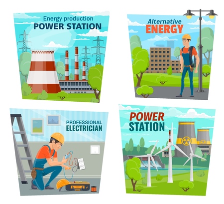 Energy production power station, electricity generation and electrician profession. Vector alternative energy windmills, nuclear or hydroelectric power plant and electrician service repair toolsのイラスト素材