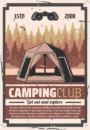 Camping outdoor adventure, wild nature tourist club vintage retro poster. Vector hiking and travel tours hobby, scout camping tent with binoculars and campfire, extreme wanderlust exploration sportのイラスト素材