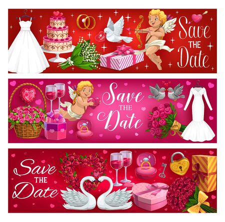 Save the date, wedding dress and cake, flower bouquets and engagement rings. Vector couple of swans, flying dove and wine glasses. Heart shape gift boxes, cupid and padlock with key, may-liliesのイラスト素材