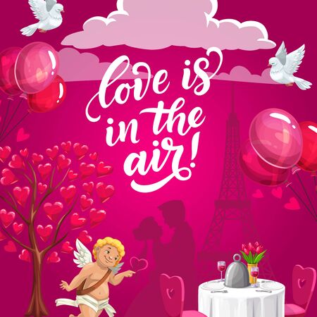 Love is in the air, romantic wedding Valentine day card. Vector served table, hugging couple and Eiffel Tower silhouette, tree with hearts and air balloons. Flying dove and clouds, smiling cupidのイラスト素材