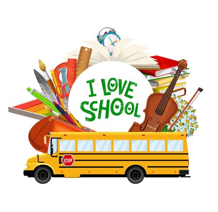 Back to school banner, education supplies books and study items in school bus. Vector I love school lettering, classes copybooks and student notebooks, ink quill pen and pencil, clay and music violinのイラスト素材