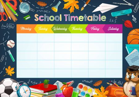 School timetable, weekly classes schedule on blackboard background. Vector school timetable chalk sketch schedule, education supplies and student study items, basketball ball, books and pensのイラスト素材