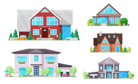 Buildings vector design of house, home, cottage and villa icons. Town and village properties, double storey houses with windows, doors and roofs, garages, garden trees and lights. Real estate themesのイラスト素材
